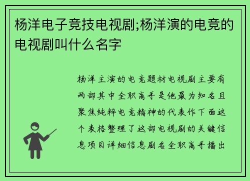 杨洋电子竞技电视剧;杨洋演的电竞的电视剧叫什么名字